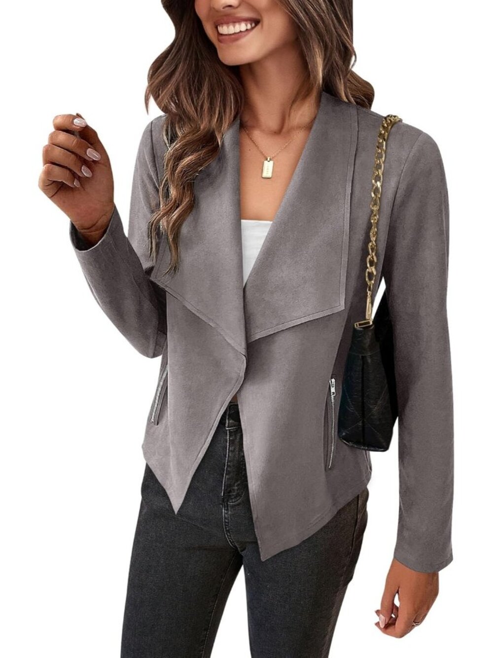 Women's Grey Faux Suede Open Front Waterfall Collar Long Sleeve Draped Jacket